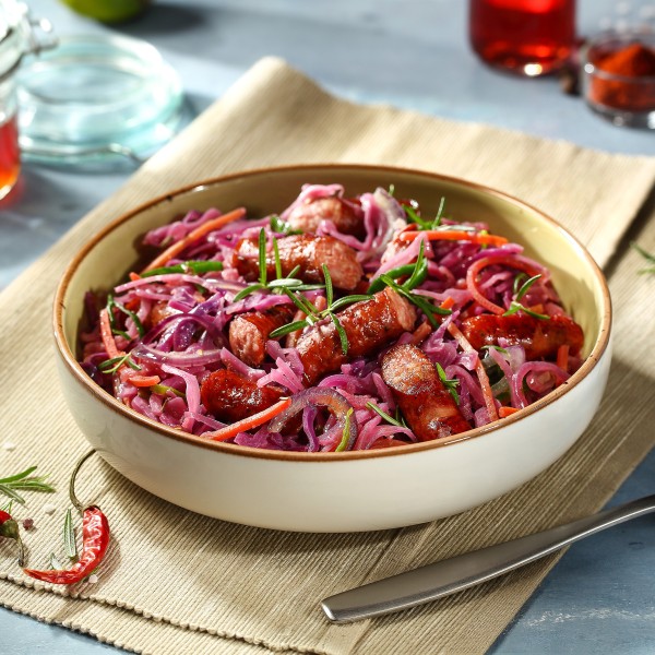 Fried red cabbage with sausages